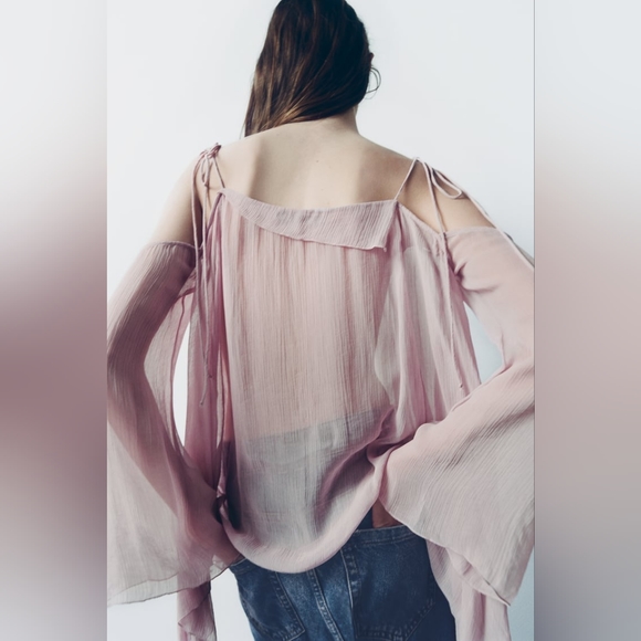ZARA SEMI-SHEER DUSTY PINK VOLUMINOUS BLOUSE M-L - Picture 6 of 11